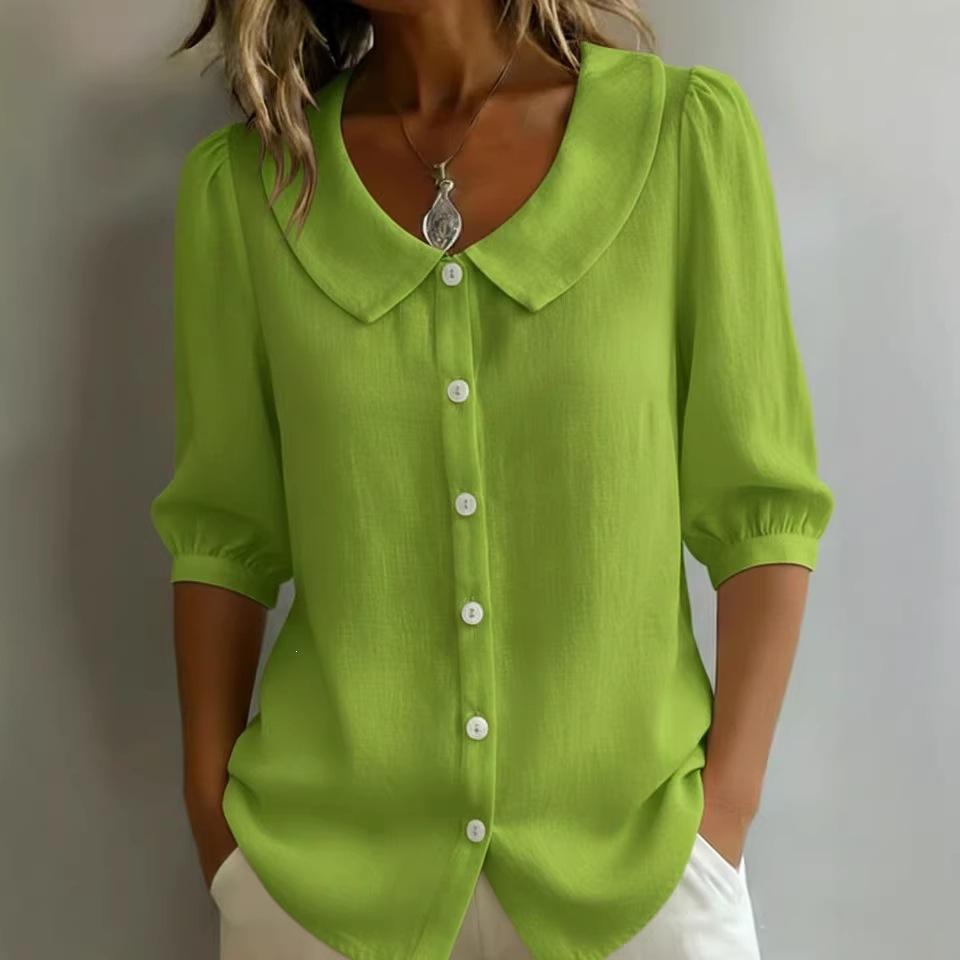 Women's Peter Pan Collar Puff Short Sleeve Button Down Solid Linen Blend Shirt Loose Casual Blouse For Summer Daily Office