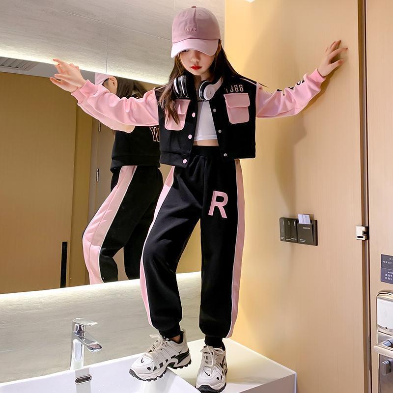 Spring and Autumn Junior Girls Baseball Suit Clothing Kids Splicing Lapel Jacket Casual Long Pants 2 Pcs Sweatshirt