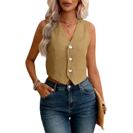 Linen Vest Top for Women Casual Slim Fit Sleeveless Button Down Waistcoat V