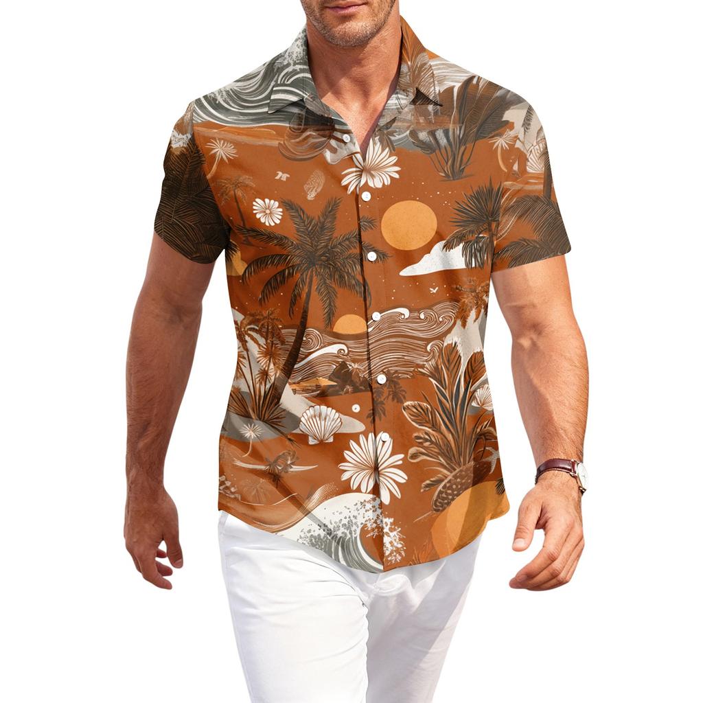 Men's Casual Loose Fit Hawaiian Short Sleeve Shirt Button Down Tropical Print Lightweight Summer Shirt for Beach Vacation and Daily Wear