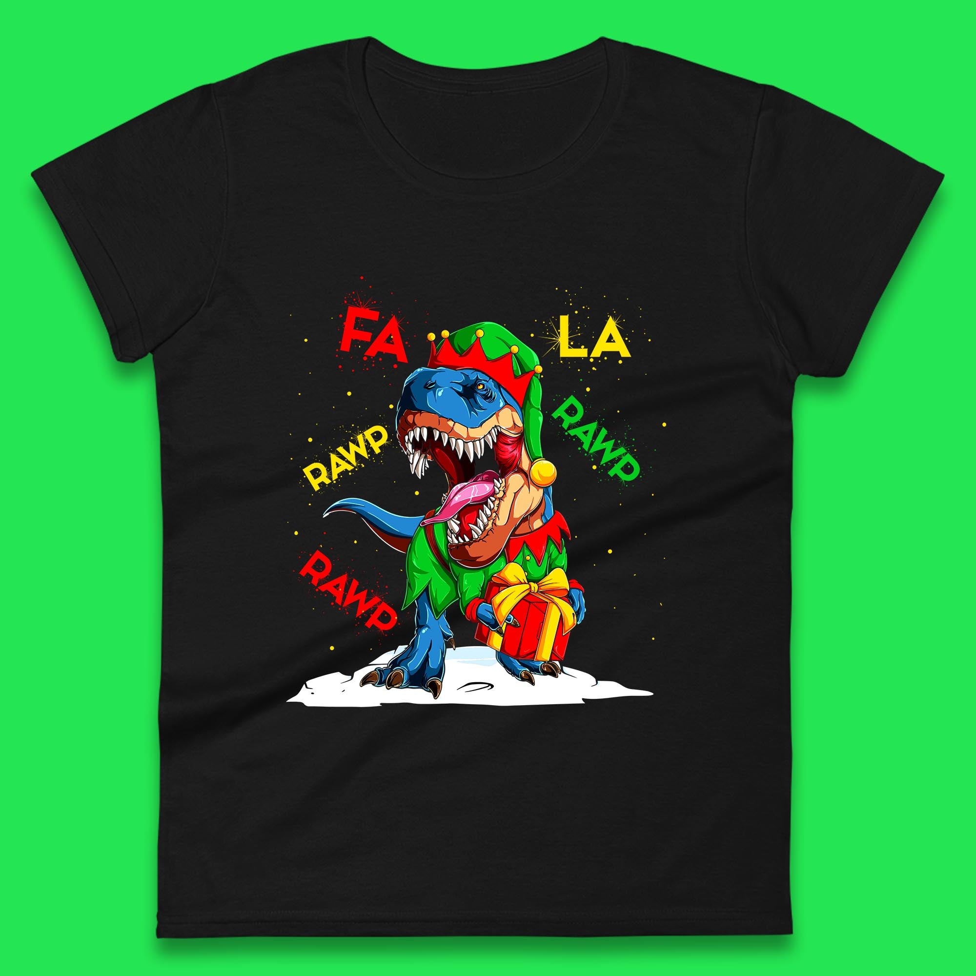

Fa La Rawr Rawr Christmas Dinosaur Elf Costume Womens T Shirt Mens Tops Tees Unisex S