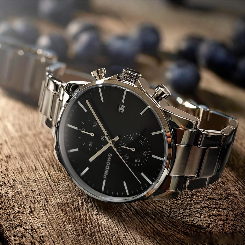 PINDOWS Stainless Chronograph Quartz Watch with Automatic Date Function Men's Watch, Fashionable, Minimalist, Business, Durable, Steel, Waterproof,