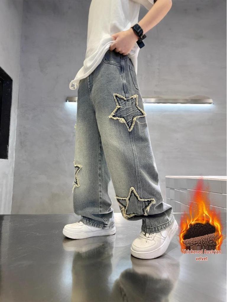 Autumn 2025 Boys' Star Denim Wide Leg Jeans - Big Kids' Loose Fashion Trousers
