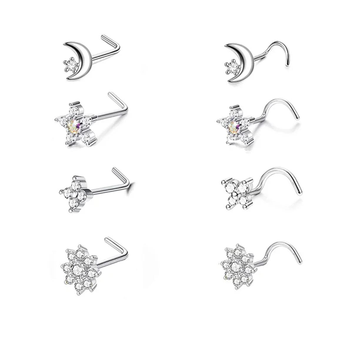 8Pcs 20G L Shape 316L Stainless Steel Nose Screws Hypoallergenic Fashion Nose Rings Studs Body Piercing Jewelry