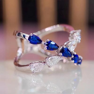 Huitan Temperament Cross Rings with Blue/White Waterdrop Cubic Zirconia Luxury Trendy Women Accessories Daily Wear Party Jewelry