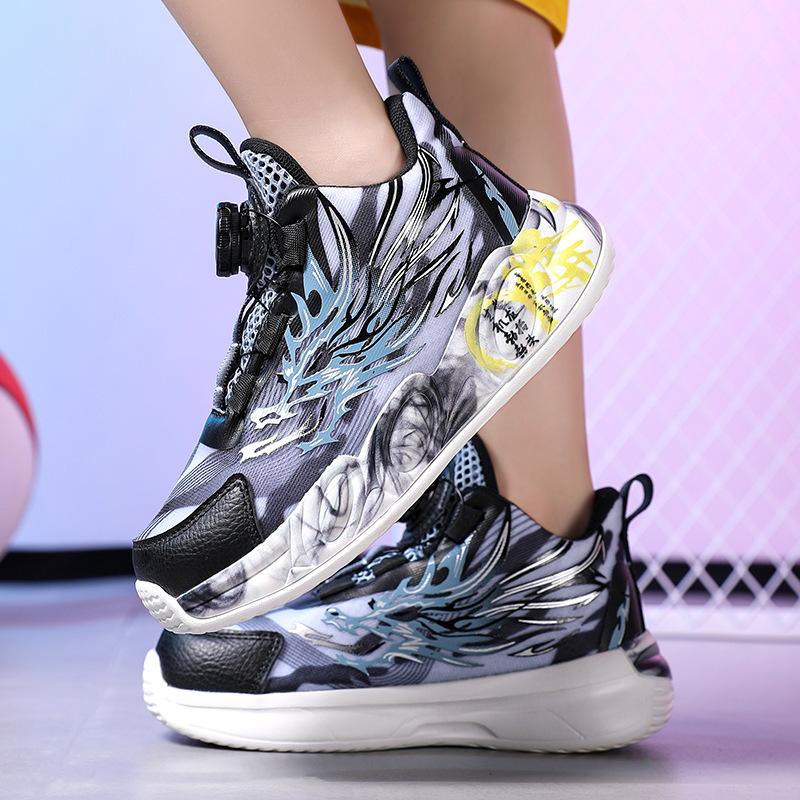 Spring and Summer Ice Silk Mesh Children's Sports Shoes Rotating Buckle Light Boys Running Shoes Primary School Students Trend Graffiti Running Shoes