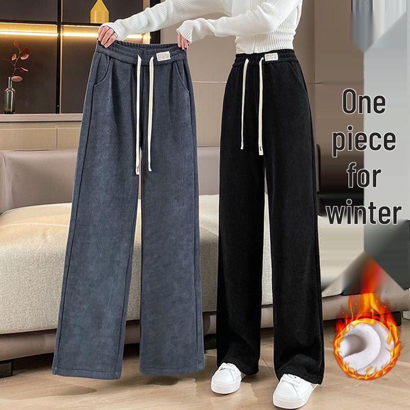 2025 New Fleece-Lined Thick Wide-Leg Straight Pants - Plus Size, Slimming, Casual Sportswear for Autumn/Winter