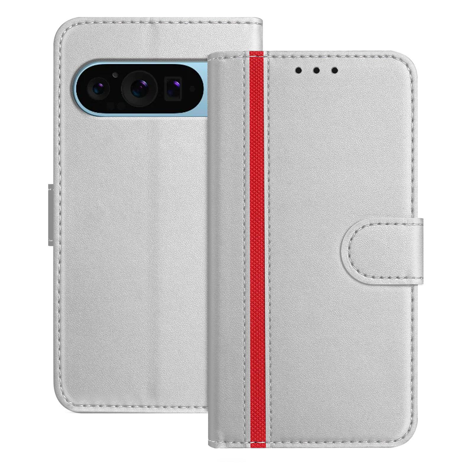 

For Google Pixel 9 Pro Phone Cases Wallet Stand Color Splicing Leather Cover with Magnetic Clasp Silver