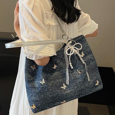 New Fashion Handbag Korean Version of Metal Butterfly Simple Shoulder Bag Large Capacity Canvas Tote Bag