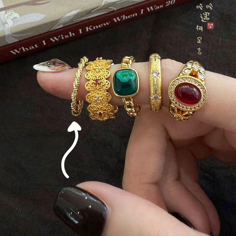 Xiaohongshu-Inspired Emerald and Pigeon Blood Red Jade Ring with Diamonds Adjustable