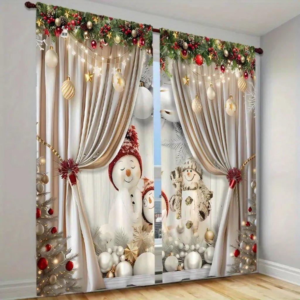 

2 шт. Роскошные рождественские полупрозрачные шторы из полиэстера в европейском стиле для гостиной с золотистыми акцентами и мотивом снеговика 2x100W240H(CM79x95in&Grommet Top