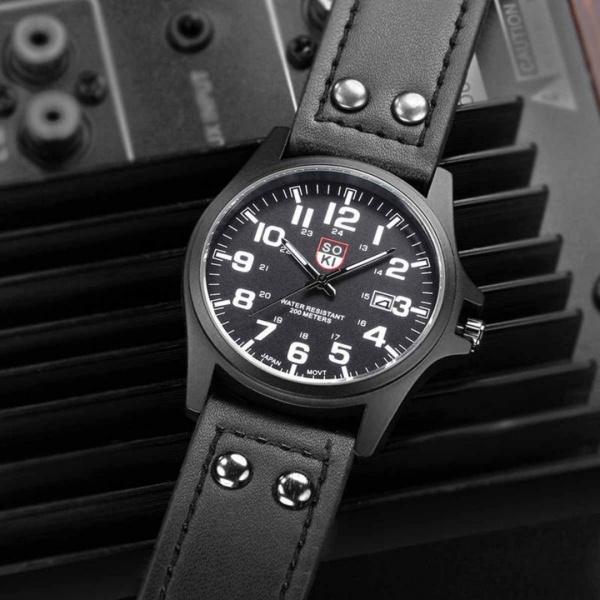 Koreanischer Modetrend SOKI Quarz-Persönlichkeit mit Kalender, mattes Leder, einfache Herren-Freizeituhr