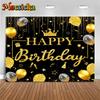 Mocsicka Black Gold Glitter Happy Birthday Photography Backdrop Crown Balloon Star Decor Background Cloth Adult Party Photobooth