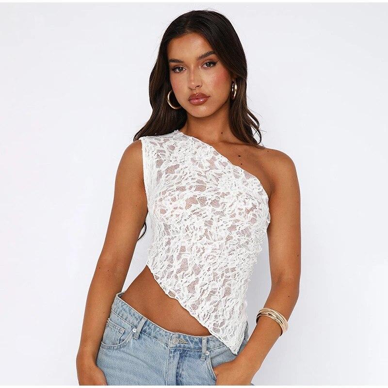 Chic Lace Skew Collar Crop Top Women Sexy Backless Sleeveless Bodycon Solid Tops Female 2026 Fashion High Streetwear Clothes