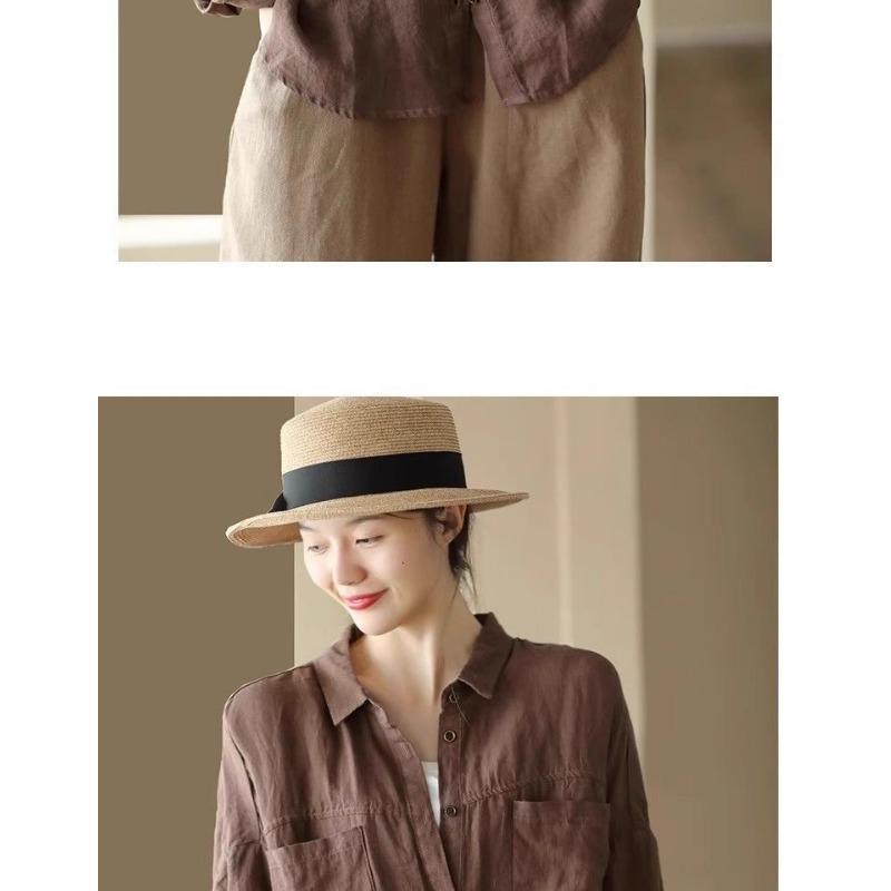 Chemise Polo Manches Longues Vintage en Coton et Lin pour Femme Blouse Décontractée