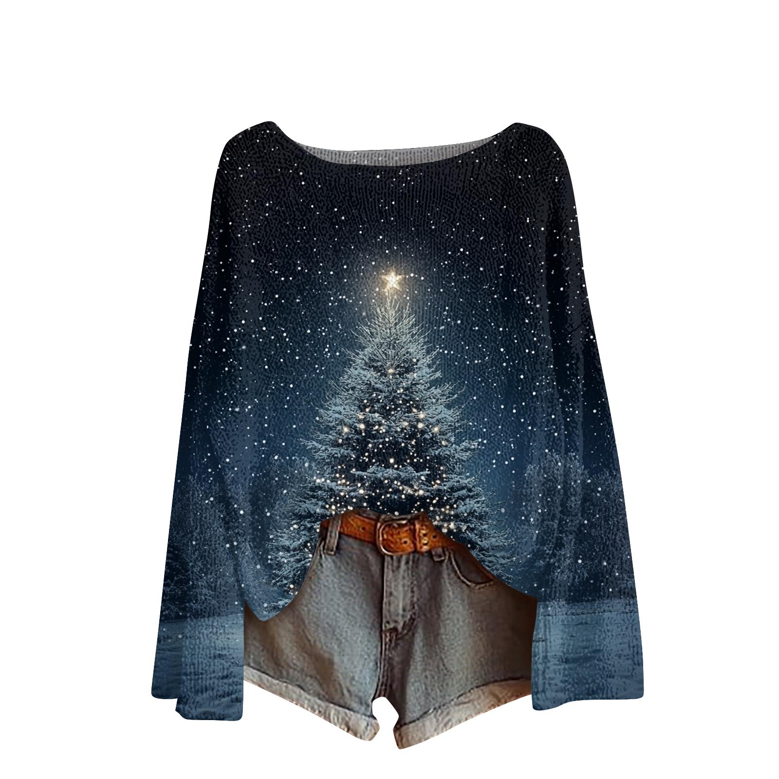 

Женский модный повседневный трикотажный свитер с длинным рукавом и рождественским принтом, круглый вырез XL синий