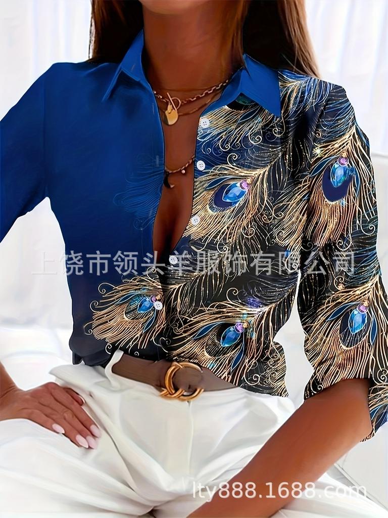 Peacock Feather Print Contrasting Satin Shirt, European and American Elegant Long-sleeved Top