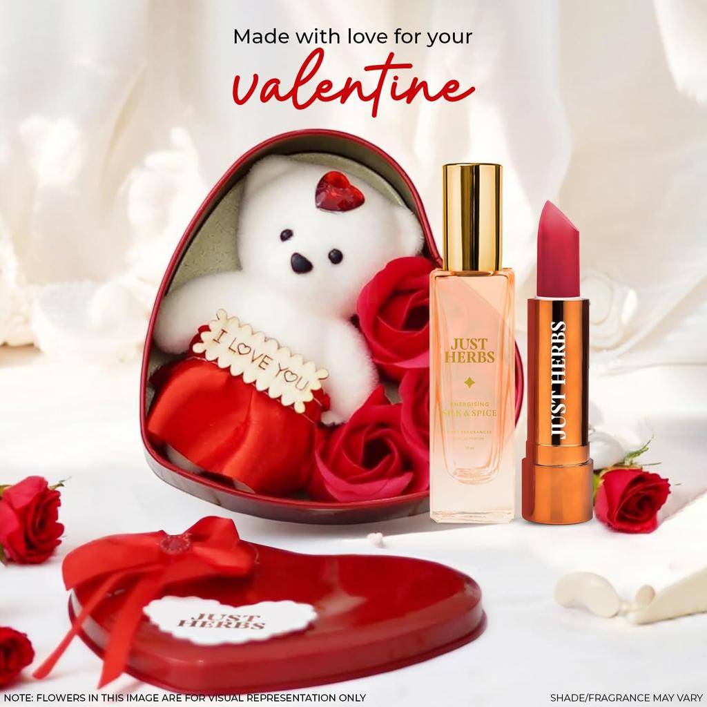 Just Herbs Heart Shaped Gift Box Set with White Teddy | Matte Finish Lipstick | Refreshing EDP Combo Gift Kit for Girlfriend, Wife