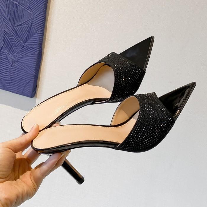 Huizhou 2025 European and American new fashionable full diamond pointed heel one-word drag black sexy open-toed high-heeled slippers