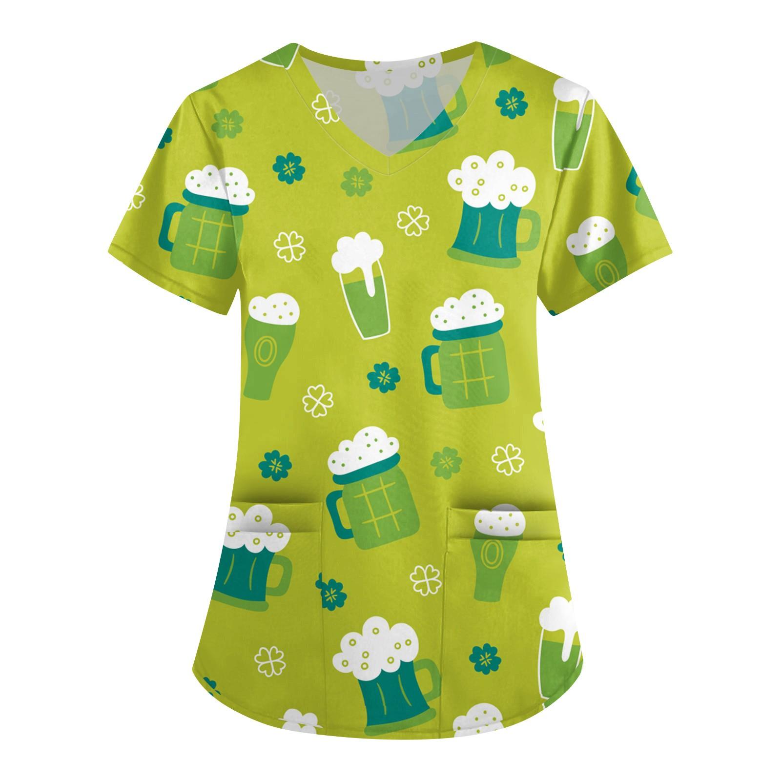 

Женская симпатичная принтованная рабочая одежда с V-образным вырезом, двухслойными карманами, базовым коротким рукавом, пуловером XL жёлтый