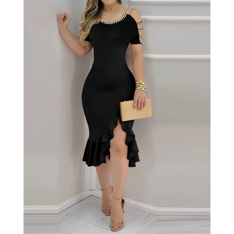

Summer Tight Ruffles Split Pearl Decorative Dress off-Neck Waist Irregular Dress Dress for Women Black L