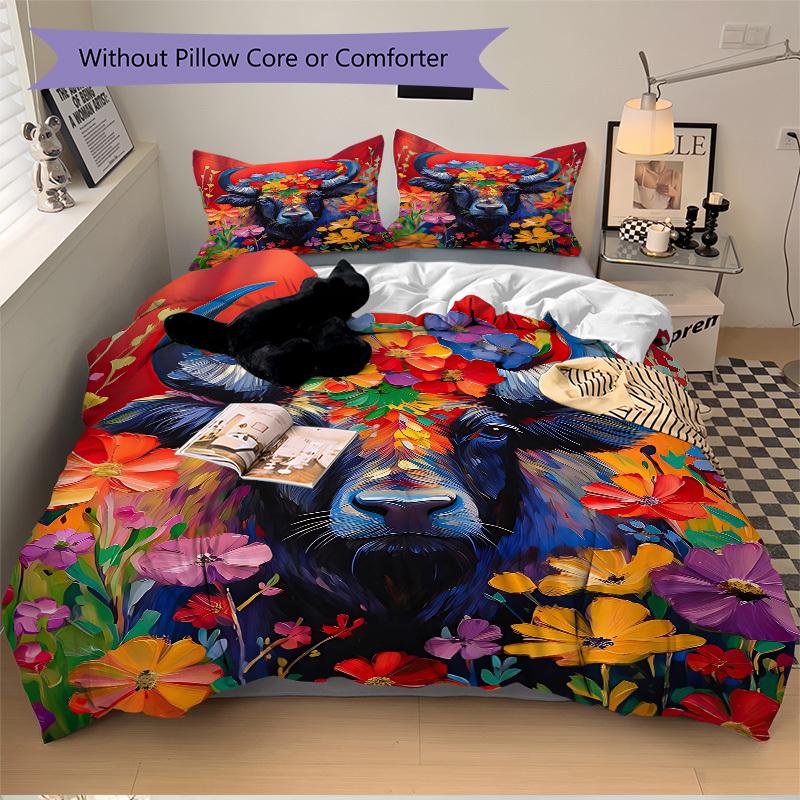 3pcs Bull Flowers Duvet Cover Set, 1 Duvet Cover + 2 Pillowcases (No Insert), High-Definition Print, Home & Dorm yy251123048