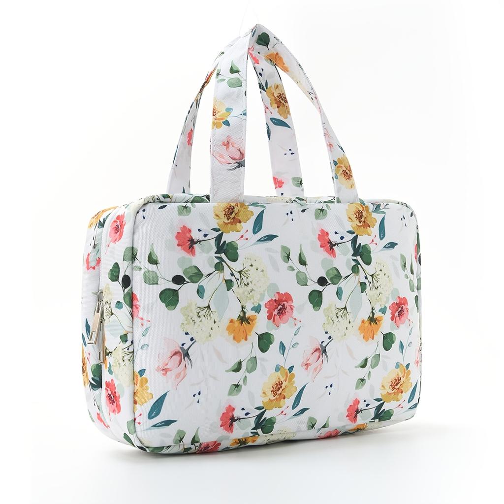 1Pc New Flower Patterned Four Fold Toiletry Bag with Hooks,Portable Travel and Wash Area Storage,Dry-wet Separation