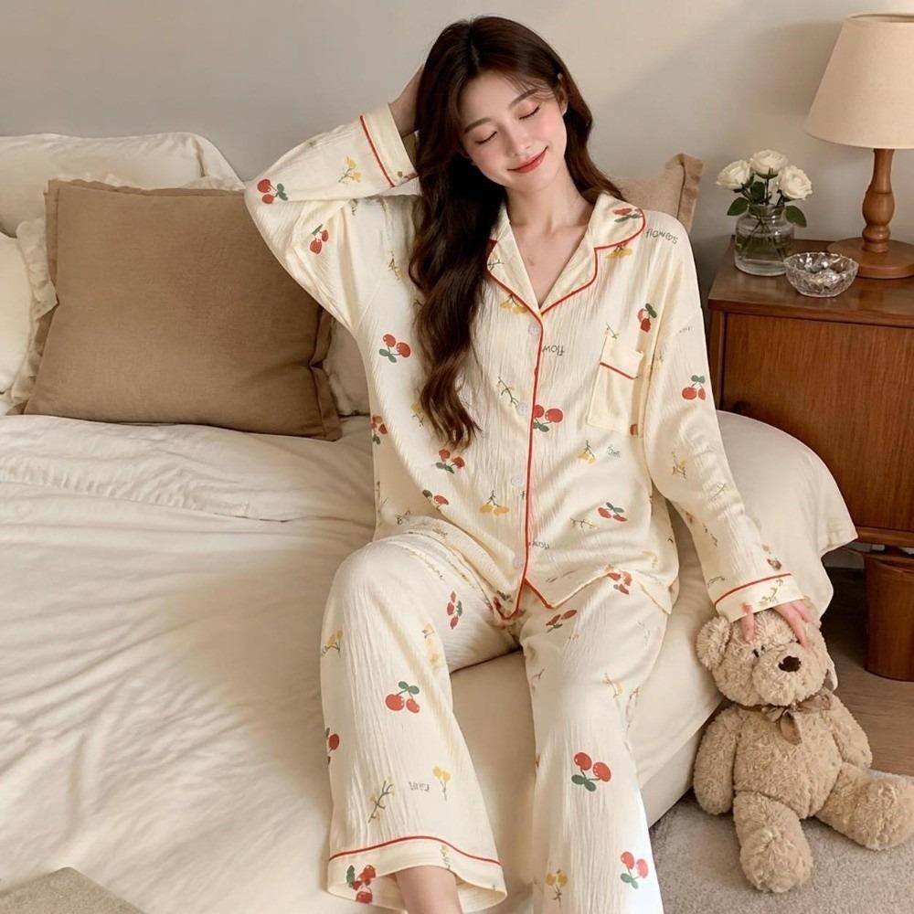 Bear Long Pajama Set Bow Lady Nightwear Suit Comfortable Women's Loungewear Female