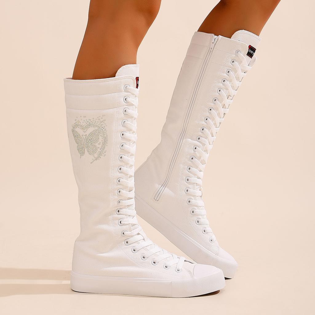 Women's long ankle boots, girls' fashionable and comfortable high-calf canvas boots, suitable for attending parties and daily outings