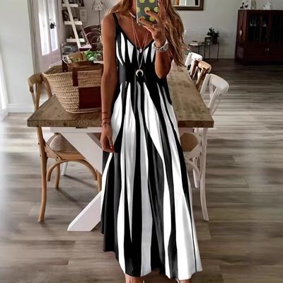 Color Blocking V-neck Long Dress with Striped Pattern Print Women's Spring and Summer Slim Fit Dresses