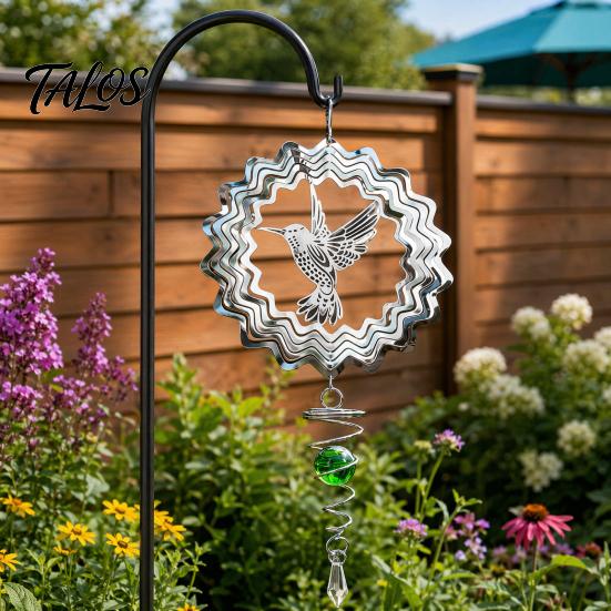 Talos Reflective Flower Wind Spinners, Outdoor Garden Decor, Sparkly Spinner with Bird Pendant, Metal Chimes Gifts for Patio Balcony Yard