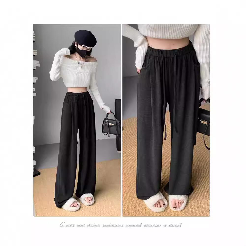 Damskie miękkie spodnie z szerokimi nogawkami - Petite, casualowe, drapowane proste nogawki na wiosnę i jesień