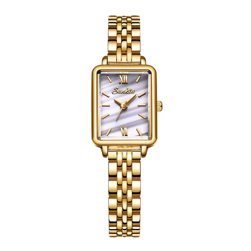 

SUNKTA Модные женские часы со стальным ремешком Водонепроницаемые женские кварцевые часы белый/золотой