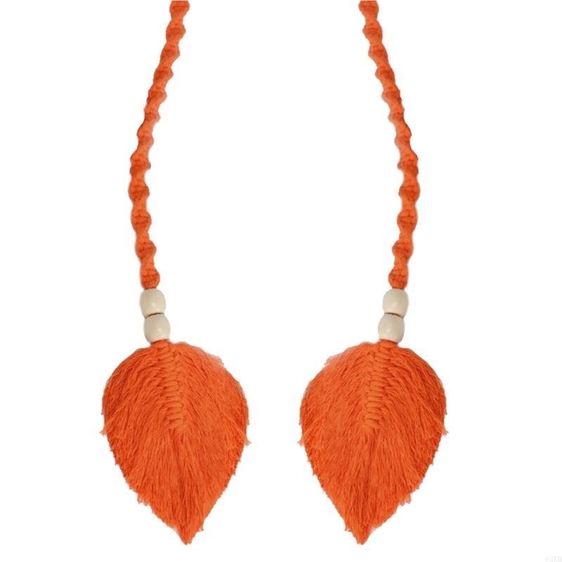 62KD 2Pcs Window Curtain Handknitted Tiebacks Bohemian Leaf Tassels Curtain Holdbacks with Wooden Beads for Drapes Tiebacks
