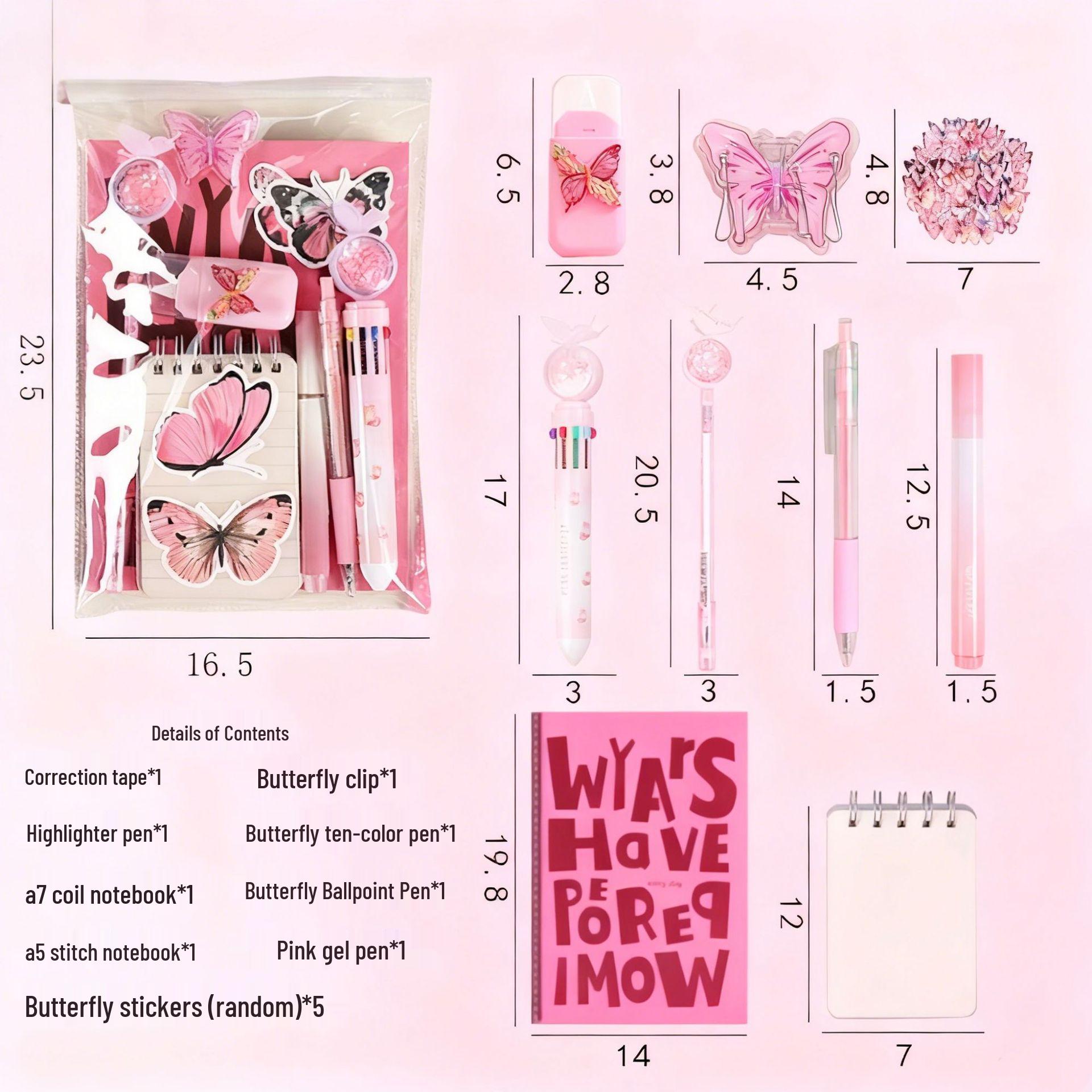 Вдохновляющий набор канцелярских принадлежностей с бабочками: Прозрачная сумка, Креативный блокнот, Наклейки, Корректирующая лента, Подарок студенту