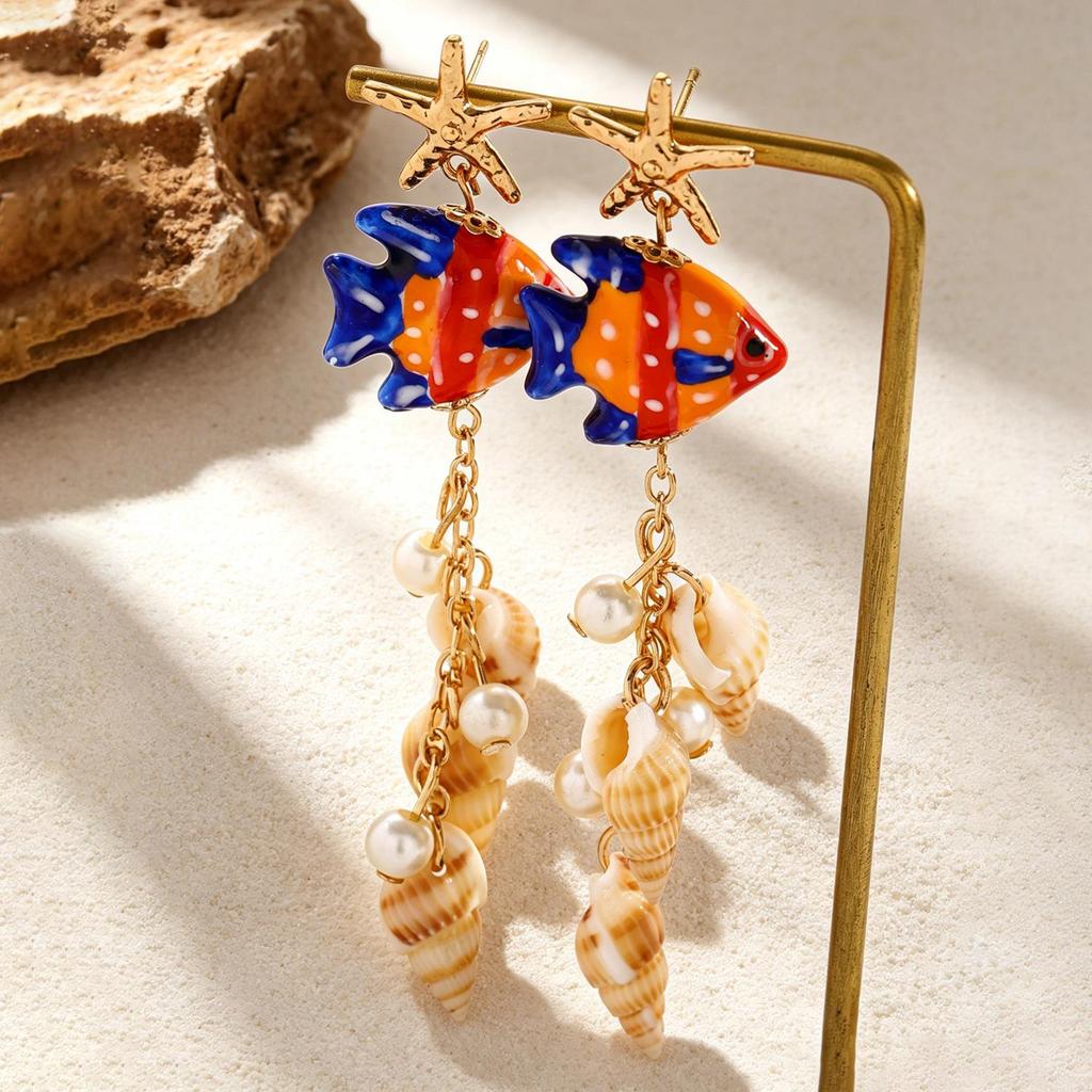 Starfish & Seashell Tassel Earrings: Tropical Beach Style with Pearl Accents
