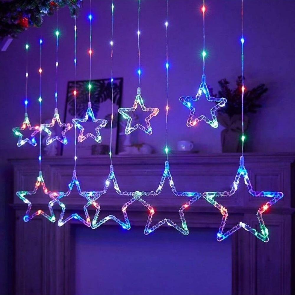 LED Star Moon Window Curtain Lights with USB Remote Control Christmas Five-Point Star Moon Snowflake String Lights