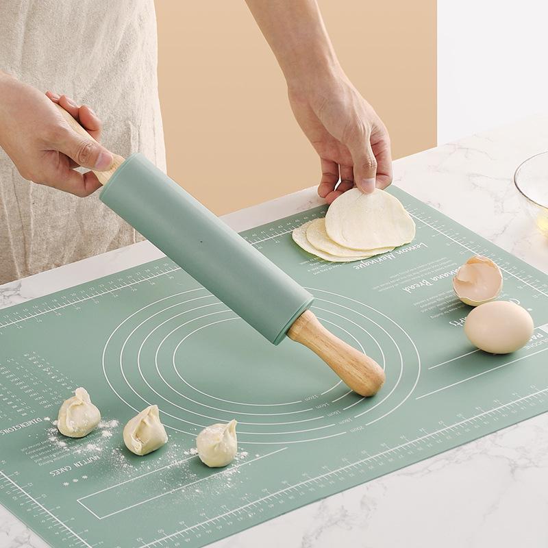 Solid Wood Non-stick Silicone Rolling Pin for Dumpling Wrapper and Dough