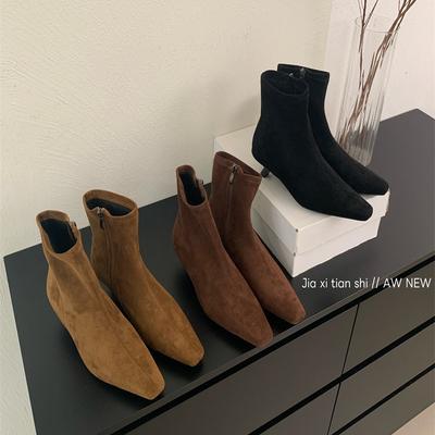 High-heeled Pointed-toed Temperament Suede Short Boots Women's Shoes 2025 New Autumn and Winter Velvet Thin-heeled Korean Thin Boots