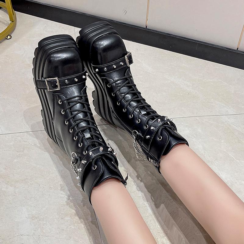 Platform Thick Gothic Boots Lady Buckle Autumn Shoes Women Wedges Knee High Boots Punk Street Cosplay Botas Motorcycle Chain