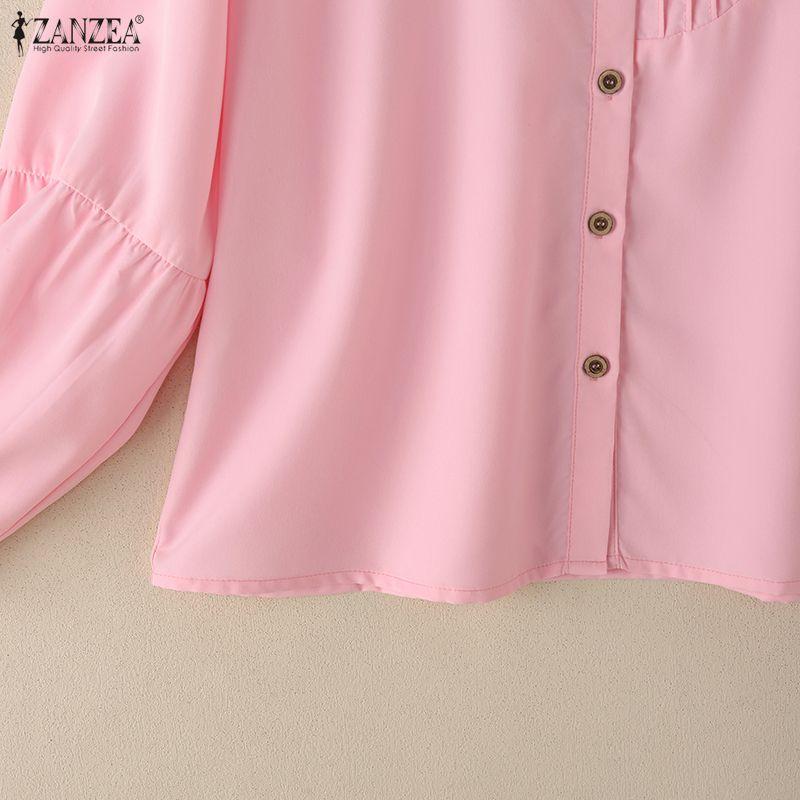 ZANZEA Kadın Rahat Yakası Açık Düz Renk Bol Uzun Kollu Bluz