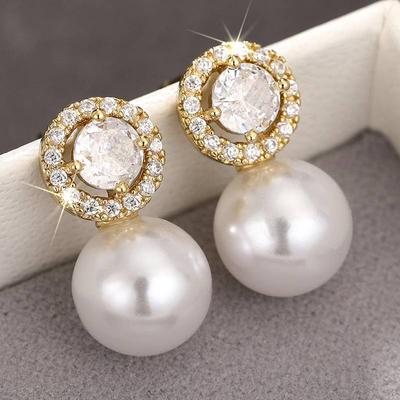 Huitan Imitation Pearl Lady Stud Earrings Elegant Female Accessories for Party Engagement Trendy Versatile Jewelry with Shiny CZ