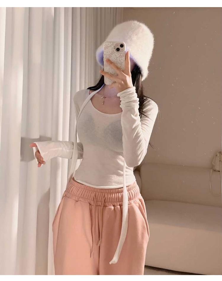 Korean Dongdaemun U-Neck Ribbon Slimming Long-Sleeve T-Shirt for Women - Sexy & Versatile