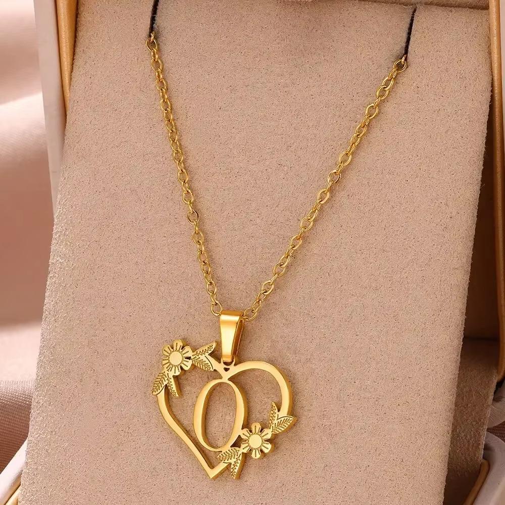 New English Alphabet Heart Pendant Gold Flower Premium Titanium Steel Gold Plated Necklace Clavicle Chain Fresh Woman
