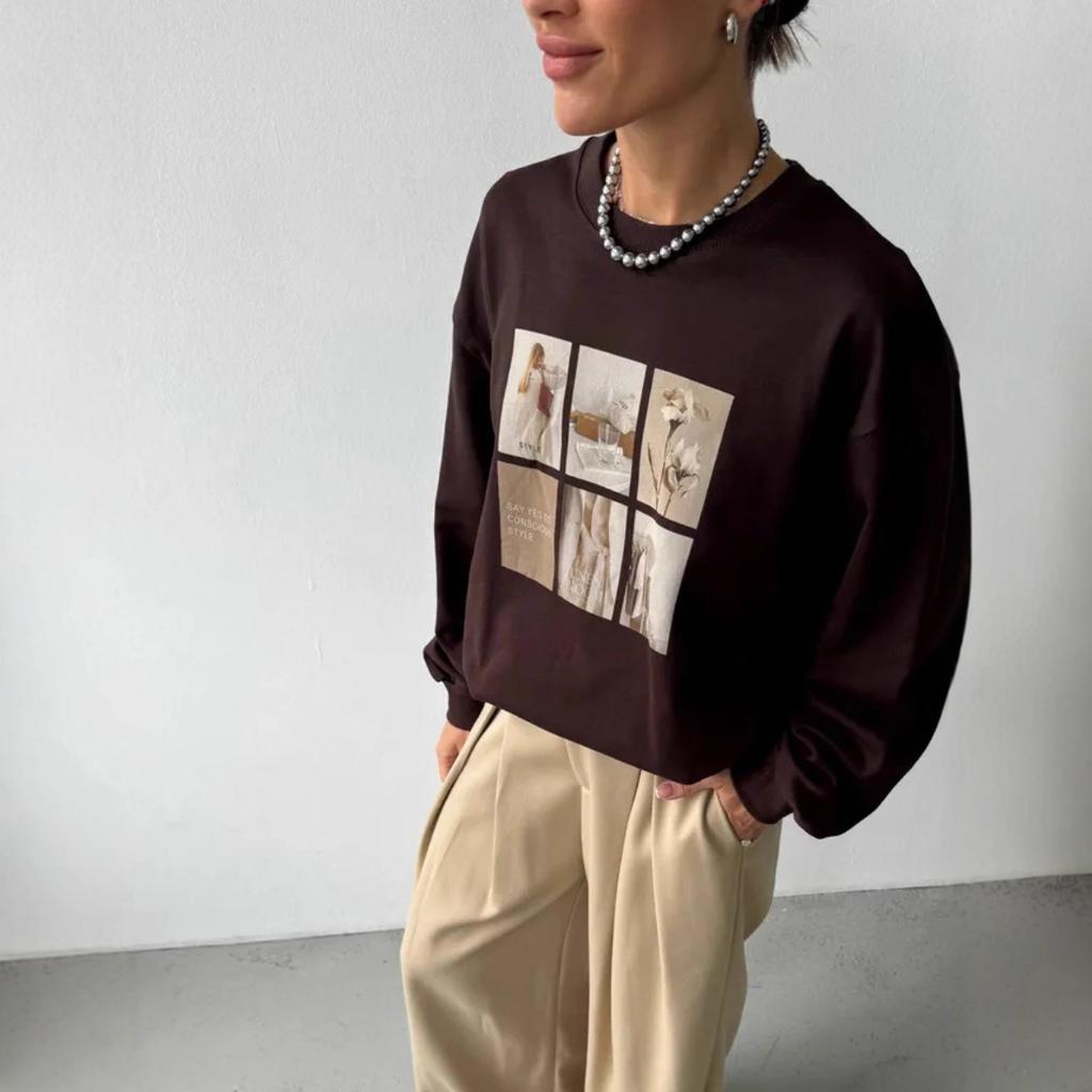 Women's Crew Neck Long Sleeve Sweatshirt Loose Fit Casual Style Photo Graphic Print Pullover Top