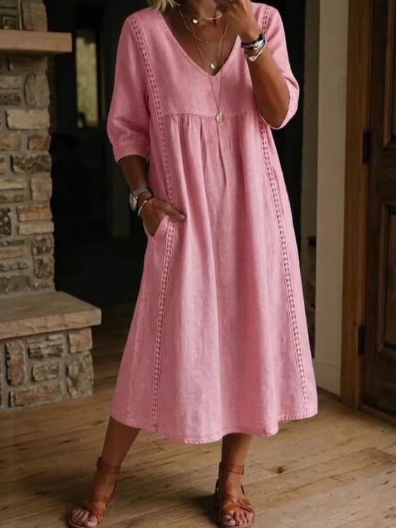 2026 European & American V-Neck Patchwork Lace Trim Linen-Cotton Casual Dress