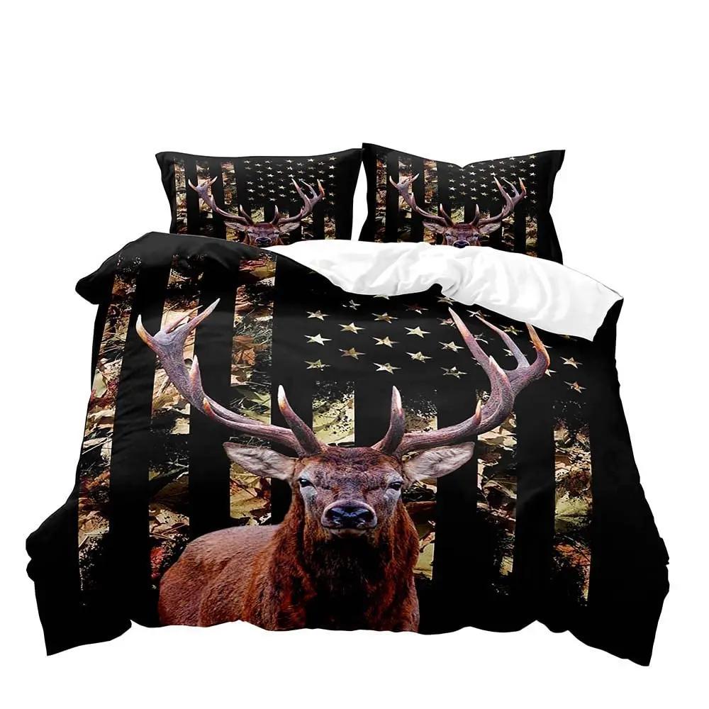Elch Schwarzbär Bettbezug Queen Set, Wildtiere Hirsch Bettwäsche Set, Rustikales Schlafzimmer Dekor für Männer Freund Teenager Junge, 2 Kissenbezüge