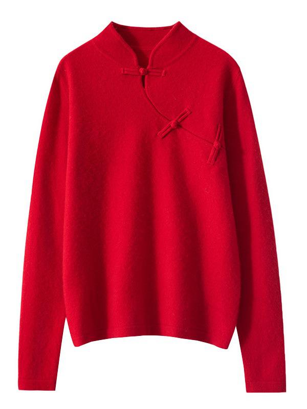Retro Cashmere Stand Collar Sweater with Frog Buttons - Chinese Style Autumn/Winter Versatile Pullover