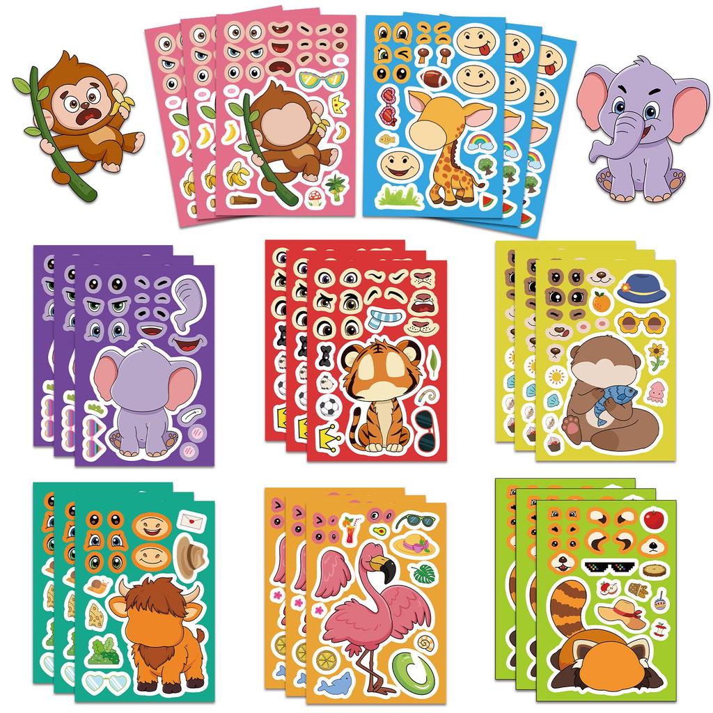 Original Cute Animal Face Swap Stickers - 8 Sheets (Giraffe, Elephant) for Children's Educational Learning Puzzles