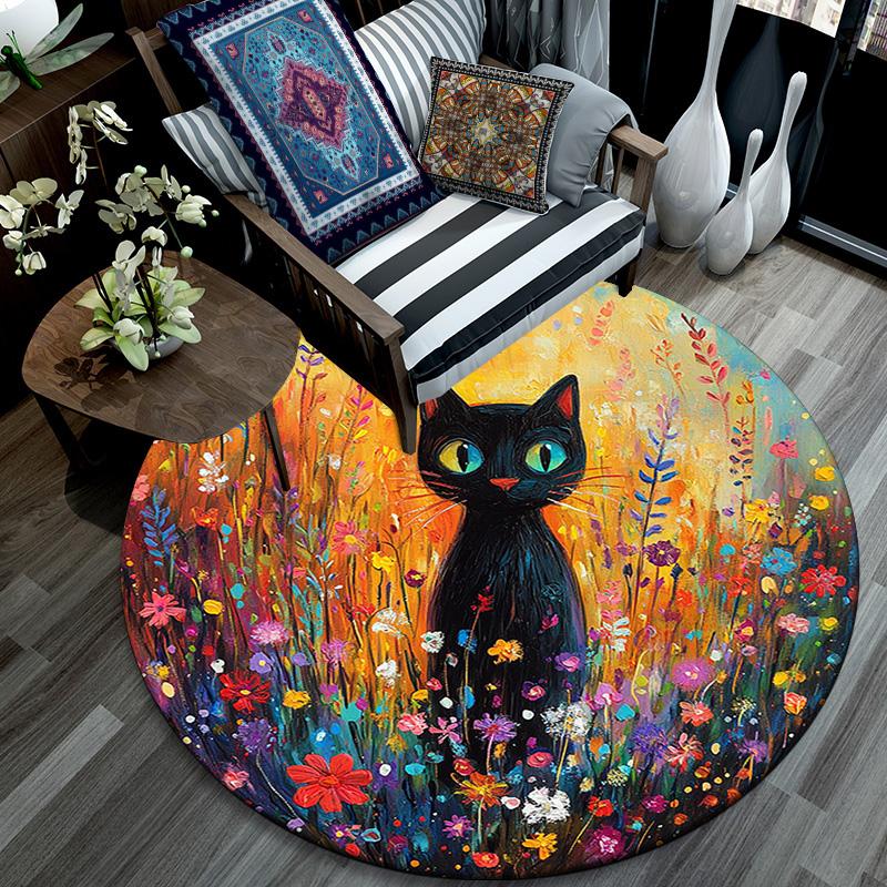 Black Cat in Flowers Round Area Rug,Carpet Rug for Living Room Bedroom Sofa Playroom Decor,Non-slip Floor Mat